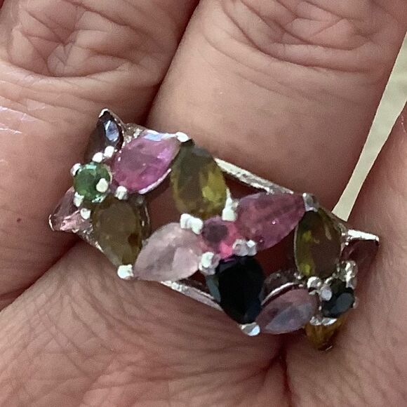 NWOT Sterling SILVER 925 MULTICOLOUR FLORAL COCKTAIL LARGE RING SIZE US 8.5​​